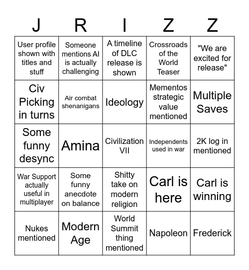 Civ VII Bingo Card