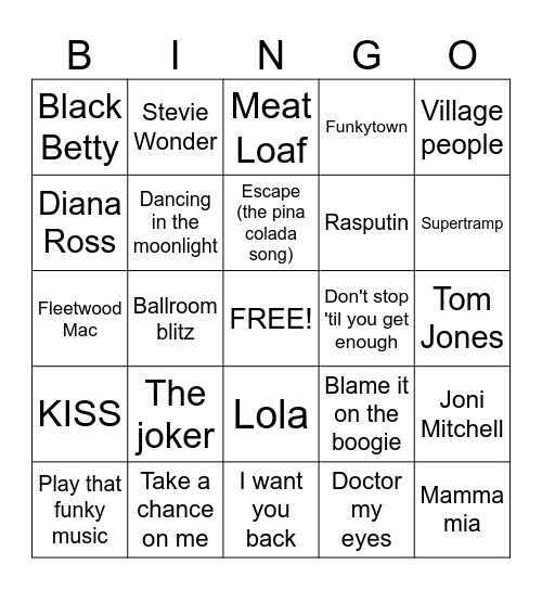 70s Music Bingo Card