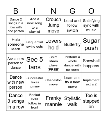 Swing dance Bingo Card