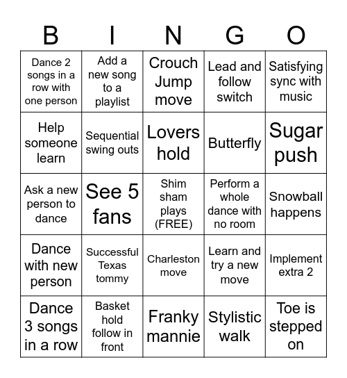 Swing dance Bingo Card