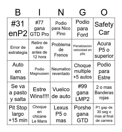 24H Daytona Bingo Card