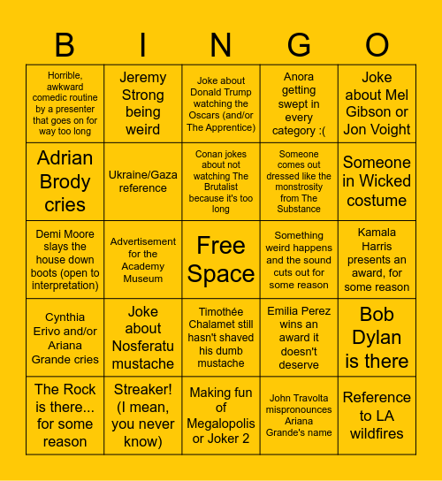 Oscars 2025 Bingo Card