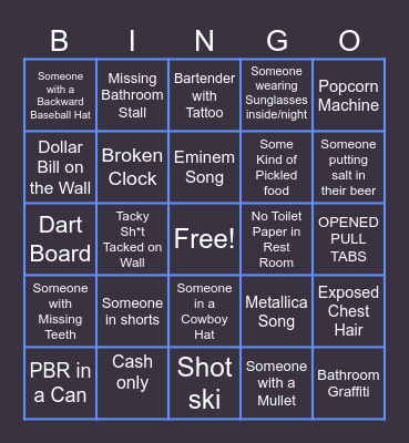 BAR BINGO 1.25 Bingo Card