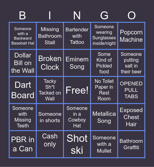 BAR BINGO 1.25 Bingo Card