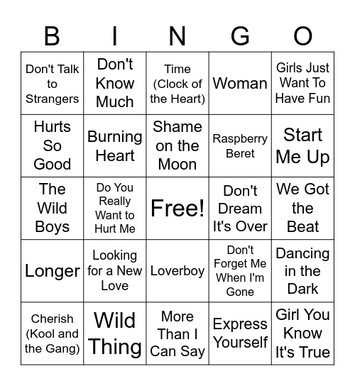 Close, But No Cigar! #2 Songs of the 1980's Bingo Card