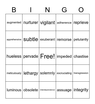 The Giver Vocabulary Bingo Card