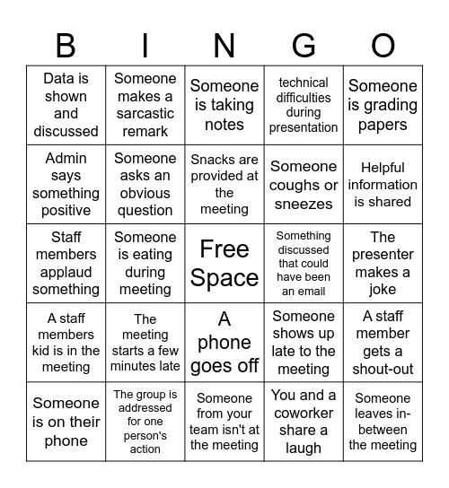 Faculy Meeting Bingo Card