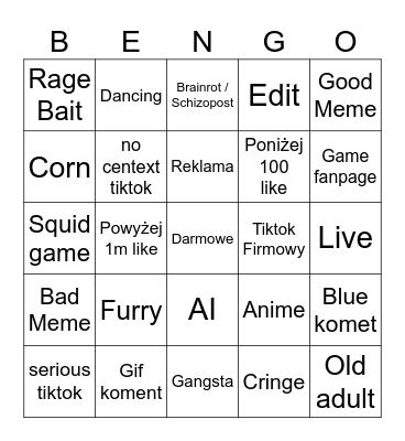 Tik tokowe bengo Bingo Card