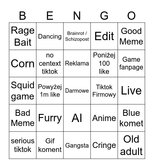 Tik tokowe bengo Bingo Card