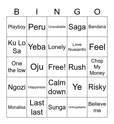 Afrobeats Bingo Card