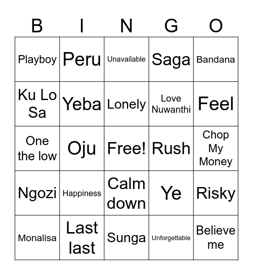 Afrobeats Bingo Card