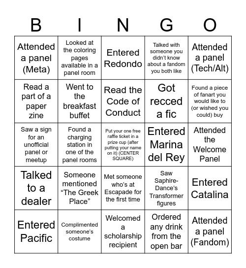 Escapade Convention Bingo Card