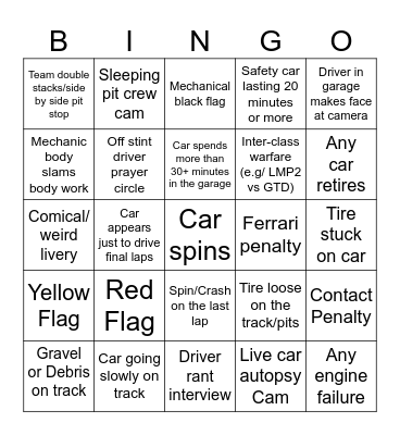 Endurance Race Bingo Card