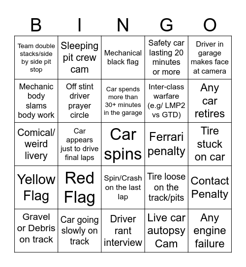 Endurance Race Bingo Card