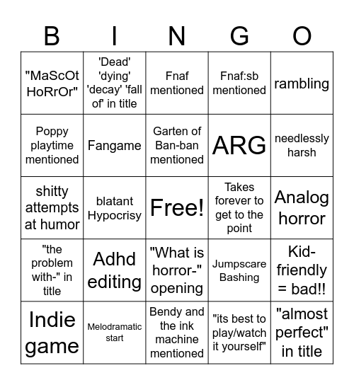 Pretentious horror essay Bingo Card