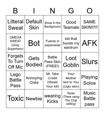 Fortnite Bingo Card Bingo Card