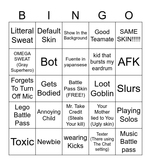 Fortnite Bingo Card Bingo Card