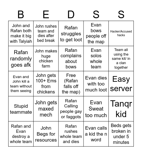 Bedwars bingo Card