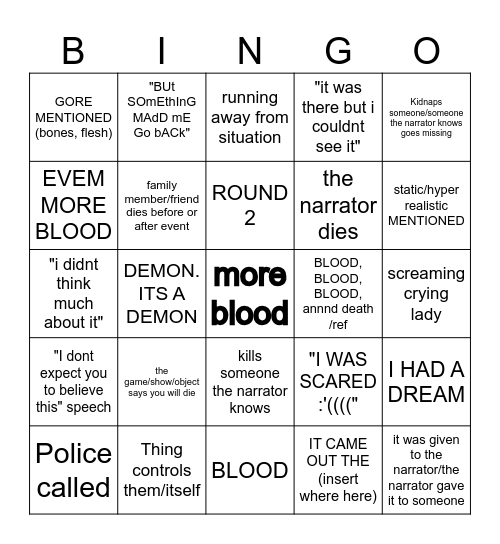 Creepypasta bingo Card