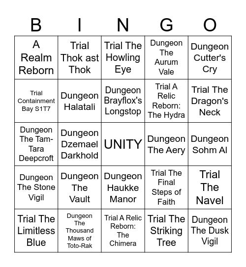 UNITY FFXIV Roulettes Bingo Card