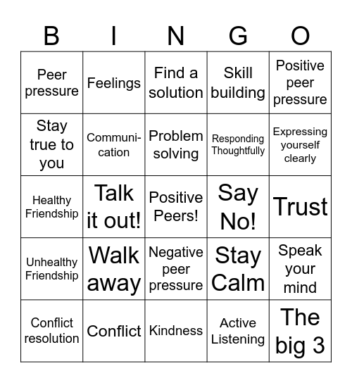 Positive Peers Bingo Card