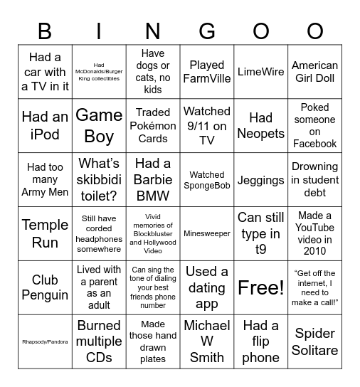 Zillennial Bingo Card