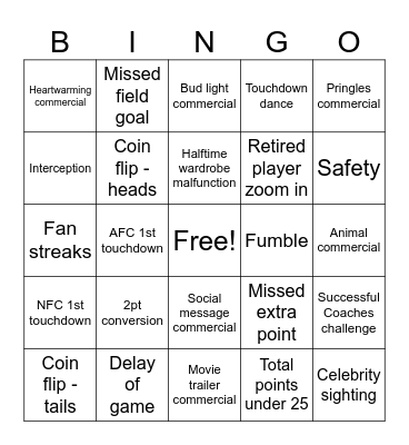 Super Bowl LIX Bingo Card