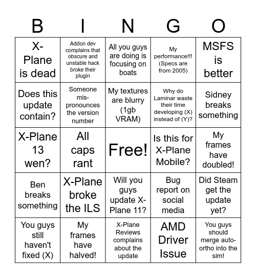 X-Plane Update Bingo Card