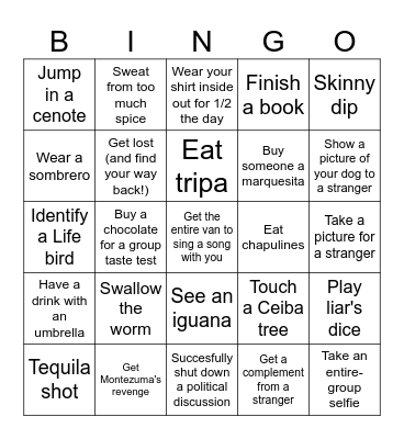 2025 Kenosha Kickers Mexico Trip Bingo Card