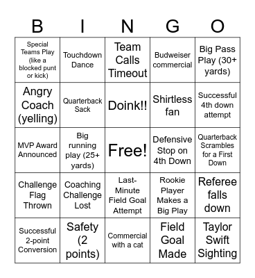 2025 Super Bowl Bingo Card