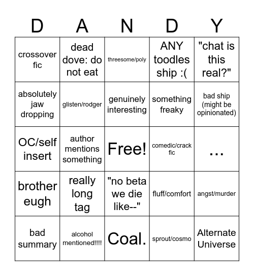 Dandy's World AO3 bingo Card