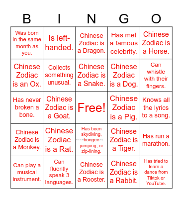 Chinese New Year Bingo Card