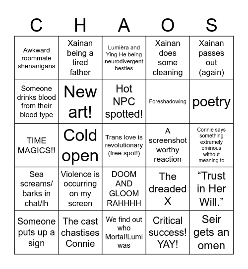 CHAOS A3 E15-16 Bingo Card