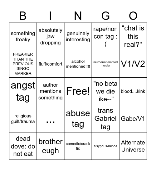 ULTRAKILL AO3 Bingo Card