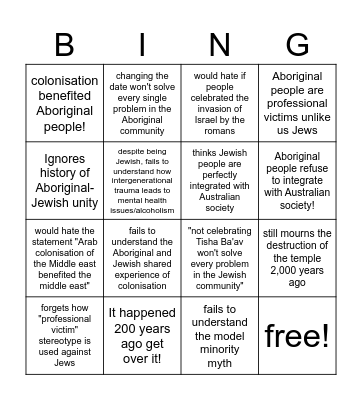 Jewish people who support invasion day Bingo Card
