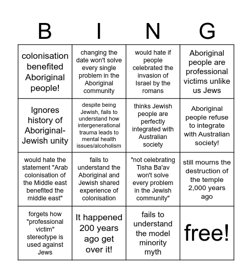 Jewish people who support invasion day Bingo Card