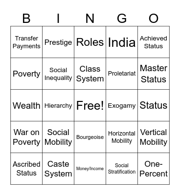 Social Stratification Jingo Bingo Card