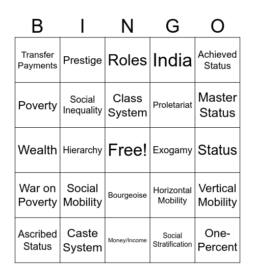 Social Stratification Jingo Bingo Card