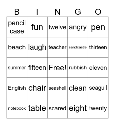English Bingo Card