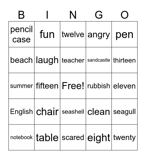 English Bingo Card
