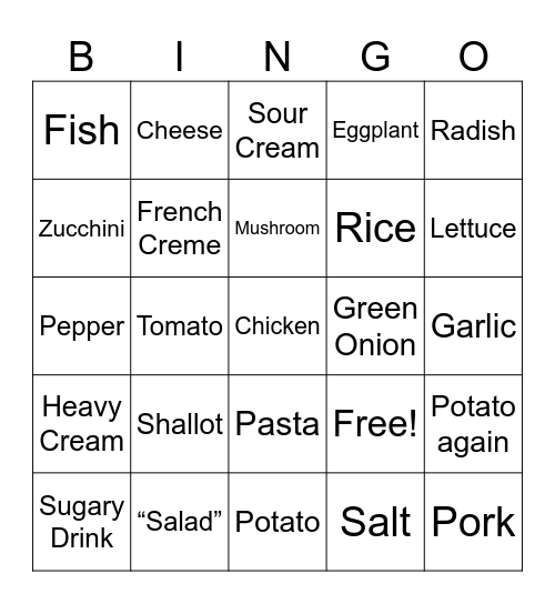 Dasha’s Dinner Bingo Card