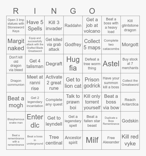 Elden Ring Bingo Card
