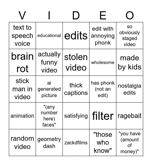 youtube shorts Bingo Card