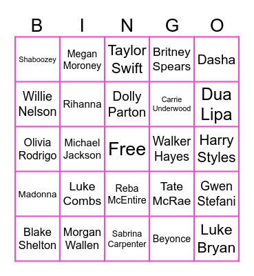 Pop vs. Country Bingo Card