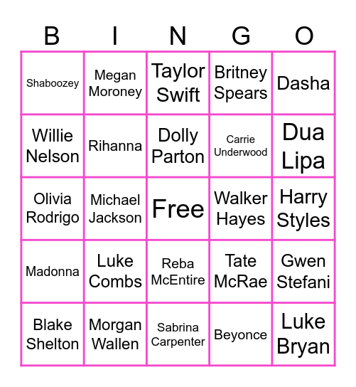 Pop vs. Country Bingo Card