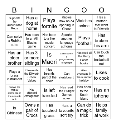 Y8 Classroom bingo Card