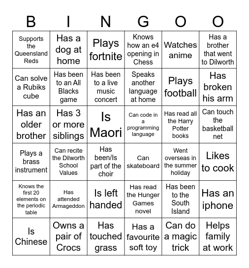 Y8 Classroom bingo Card