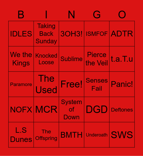 Warped Tour Bingo Card