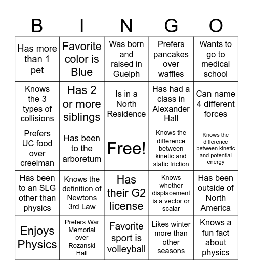 University/Physics Bingo Card