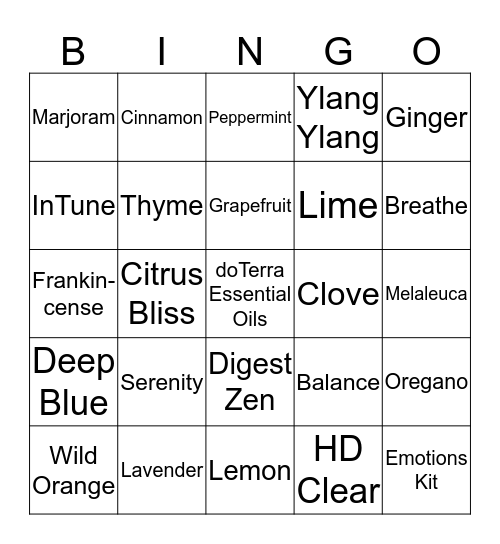 Essential Oils Bingo Card